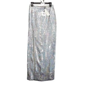 NWT True Decadence Sequin Maxi‎ Skirt Size 8 Silver Holographic High Slit Party